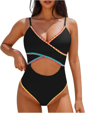 jsaierl Womens Padded Bikini One Piece Swimsuits Sexy Cut Out Back Strappy Bathing Suits Tummy Control Front Twist Swimwear