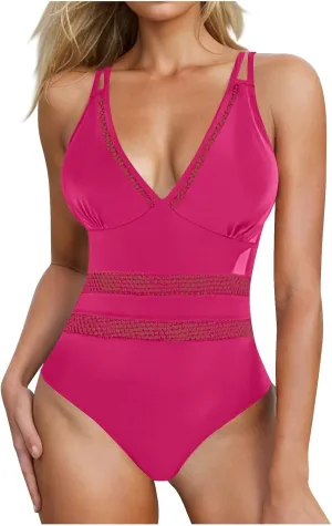 jsaierl Womens Sexy Hollow Out One Piece Swimsuits Deep V Neck Double Strap Backless 1 Piece Swimwear Tummy Control Monokini