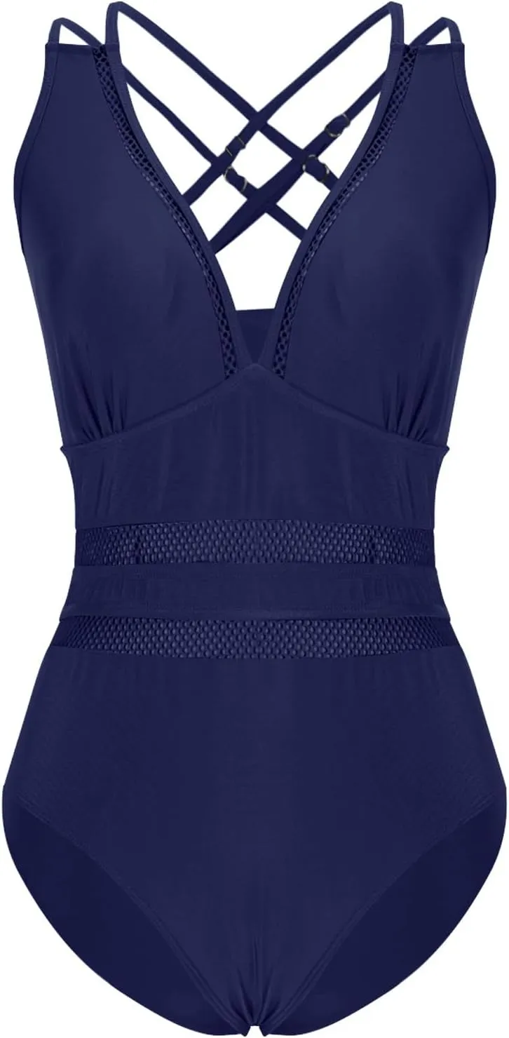 jsaierl Womens Sexy Hollow Out One Piece Swimsuits Deep V Neck Double Strap Backless 1 Piece Swimwear Tummy Control Monokini