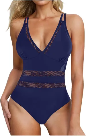 jsaierl Womens Sexy Hollow Out One Piece Swimsuits Deep V Neck Double Strap Backless 1 Piece Swimwear Tummy Control Monokini