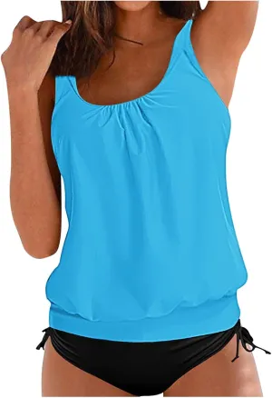 jsaierl Women's Tankini Swimsuits Modest 2 Piece Bathing Suits Double Strap Pleated Front Blouson Swim Tank Tops with Bottom