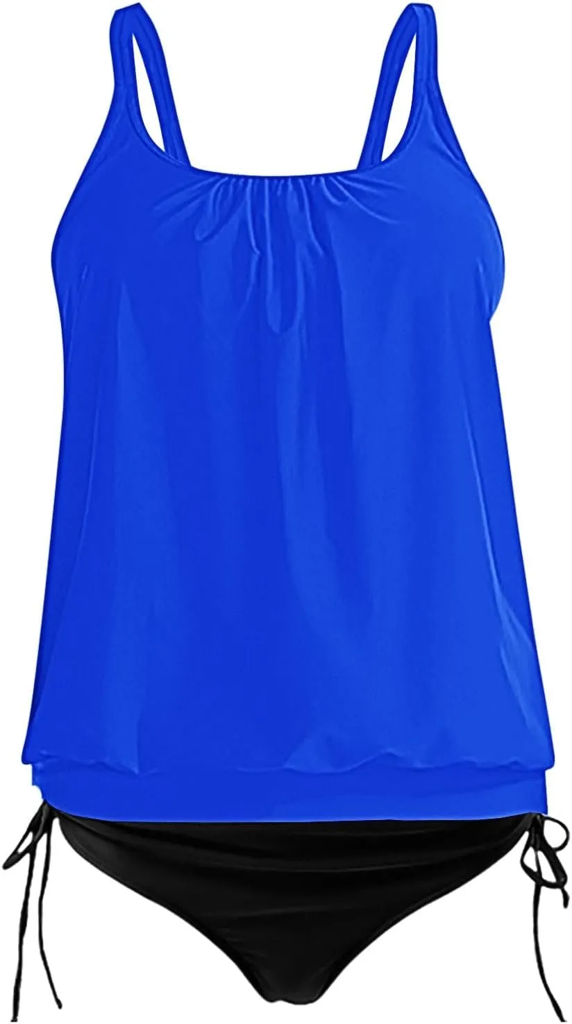jsaierl Women's Tankini Swimsuits Modest 2 Piece Bathing Suits Double Strap Pleated Front Blouson Swim Tank Tops with Bottom