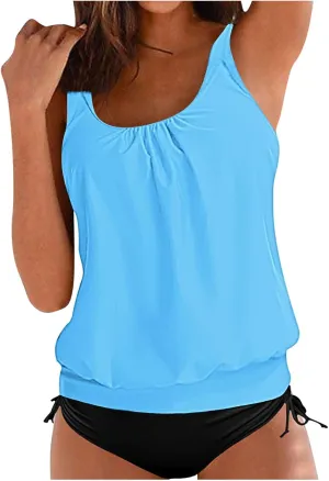 jsaierl Women's Tankini Swimsuits Modest 2 Piece Bathing Suits Double Strap Pleated Front Blouson Swim Tank Tops with Bottom