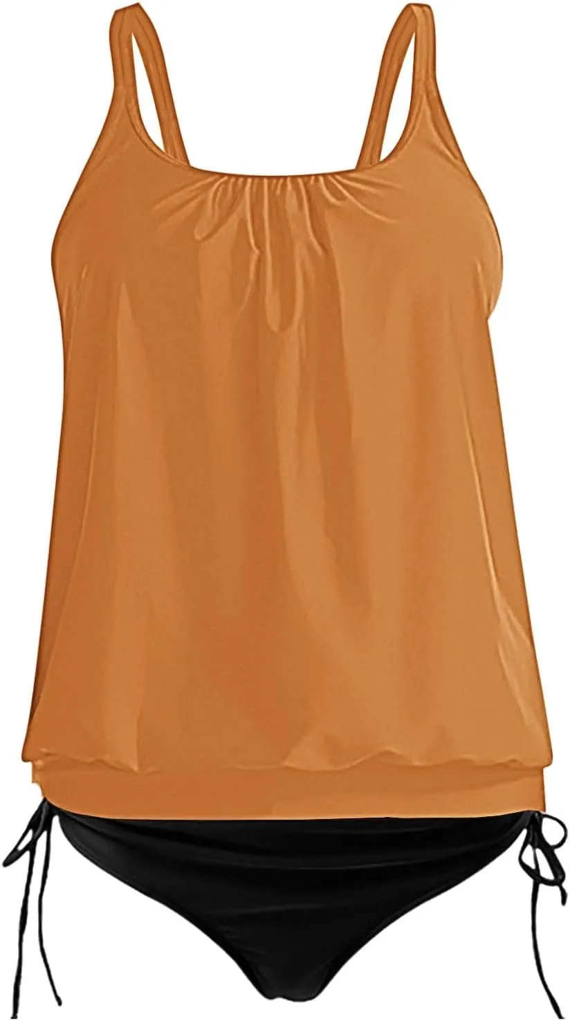 jsaierl Women's Tankini Swimsuits Modest 2 Piece Bathing Suits Double Strap Pleated Front Blouson Swim Tank Tops with Bottom