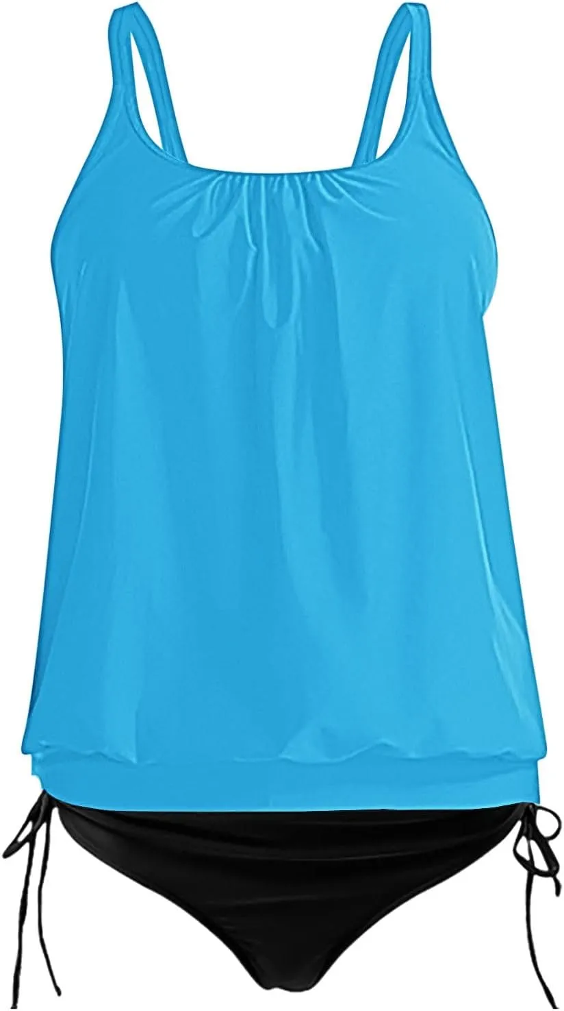 jsaierl Women's Tankini Swimsuits Modest 2 Piece Bathing Suits Double Strap Pleated Front Blouson Swim Tank Tops with Bottom