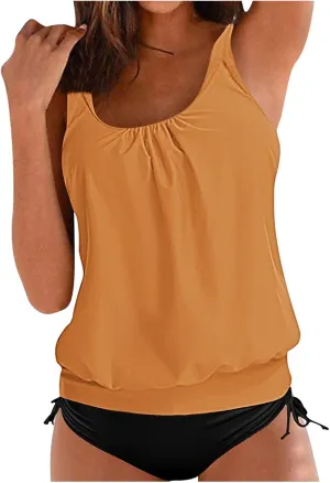 jsaierl Women's Tankini Swimsuits Modest 2 Piece Bathing Suits Double Strap Pleated Front Blouson Swim Tank Tops with Bottom