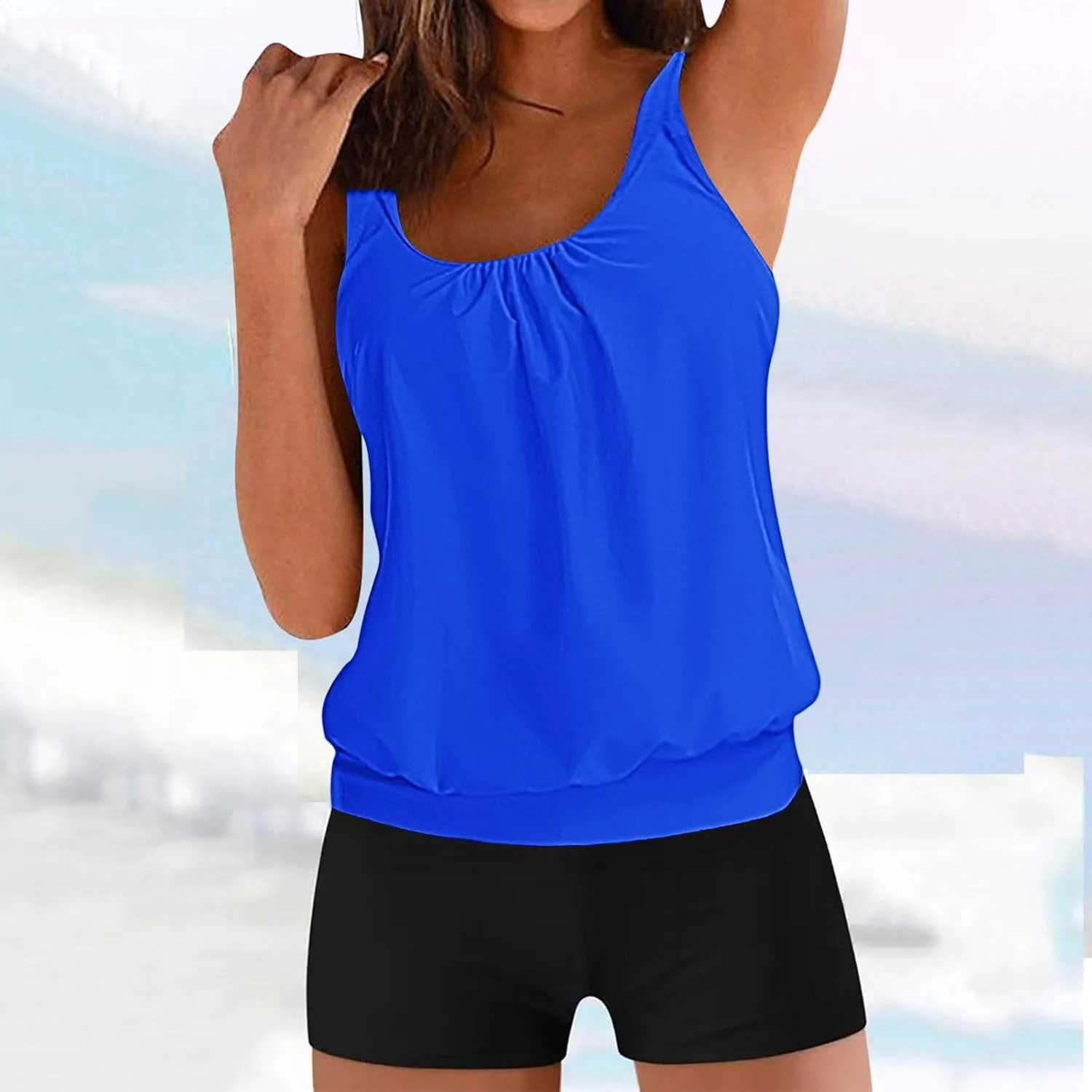jsaierl Women's Tankini Swimsuits Modest 2 Piece Bathing Suits Double Strap Pleated Front Blouson Swim Tank Tops with Bottom