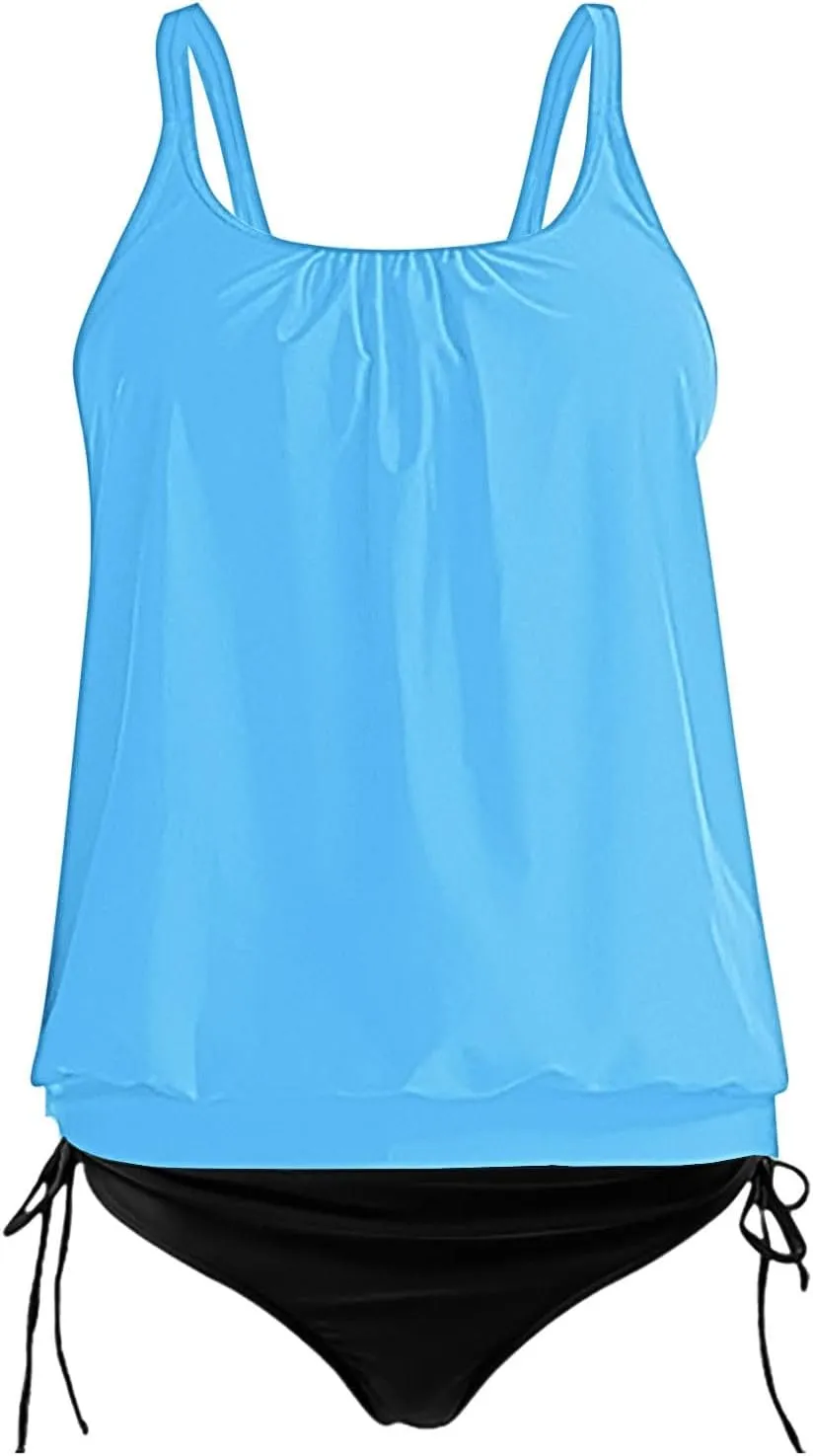 jsaierl Women's Tankini Swimsuits Modest 2 Piece Bathing Suits Double Strap Pleated Front Blouson Swim Tank Tops with Bottom