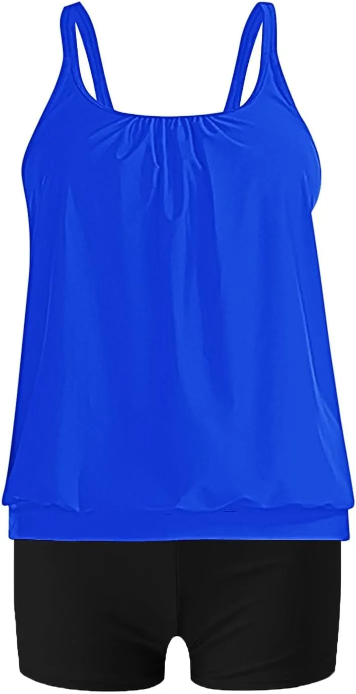 jsaierl Women's Tankini Swimsuits Modest 2 Piece Bathing Suits Double Strap Pleated Front Blouson Swim Tank Tops with Bottom