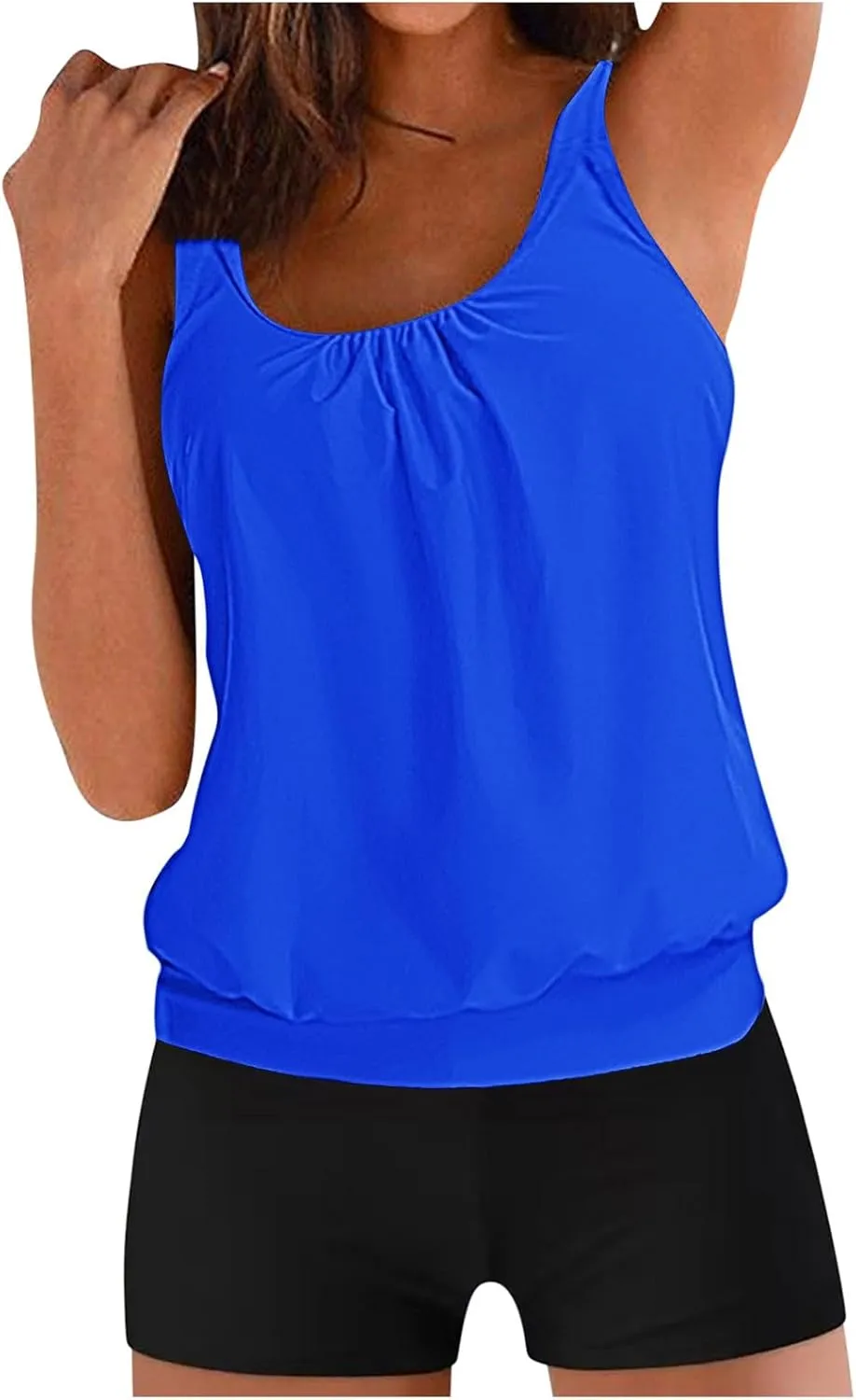 jsaierl Women's Tankini Swimsuits Modest 2 Piece Bathing Suits Double Strap Pleated Front Blouson Swim Tank Tops with Bottom