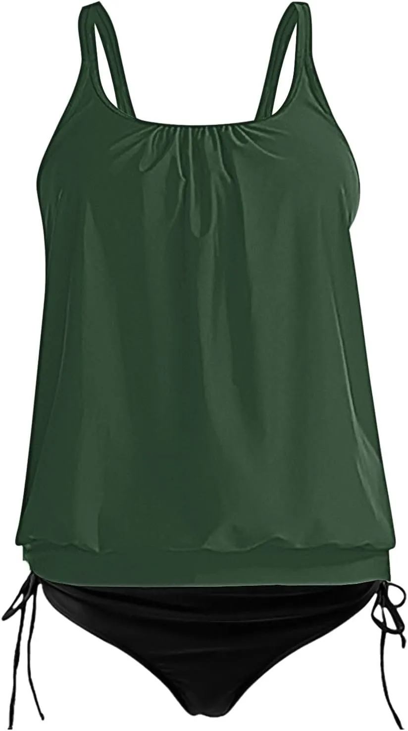 jsaierl Women's Tankini Swimsuits Modest 2 Piece Bathing Suits Double Strap Pleated Front Blouson Swim Tank Tops with Bottom
