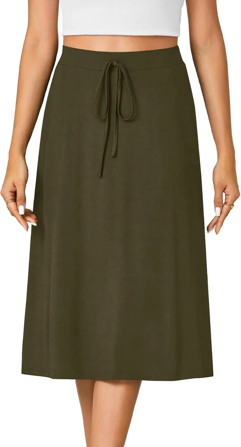 KIFOVEN Women’s Casual High Waist A Line Midi Skirt Flared Drawstring Stretchy Skirt