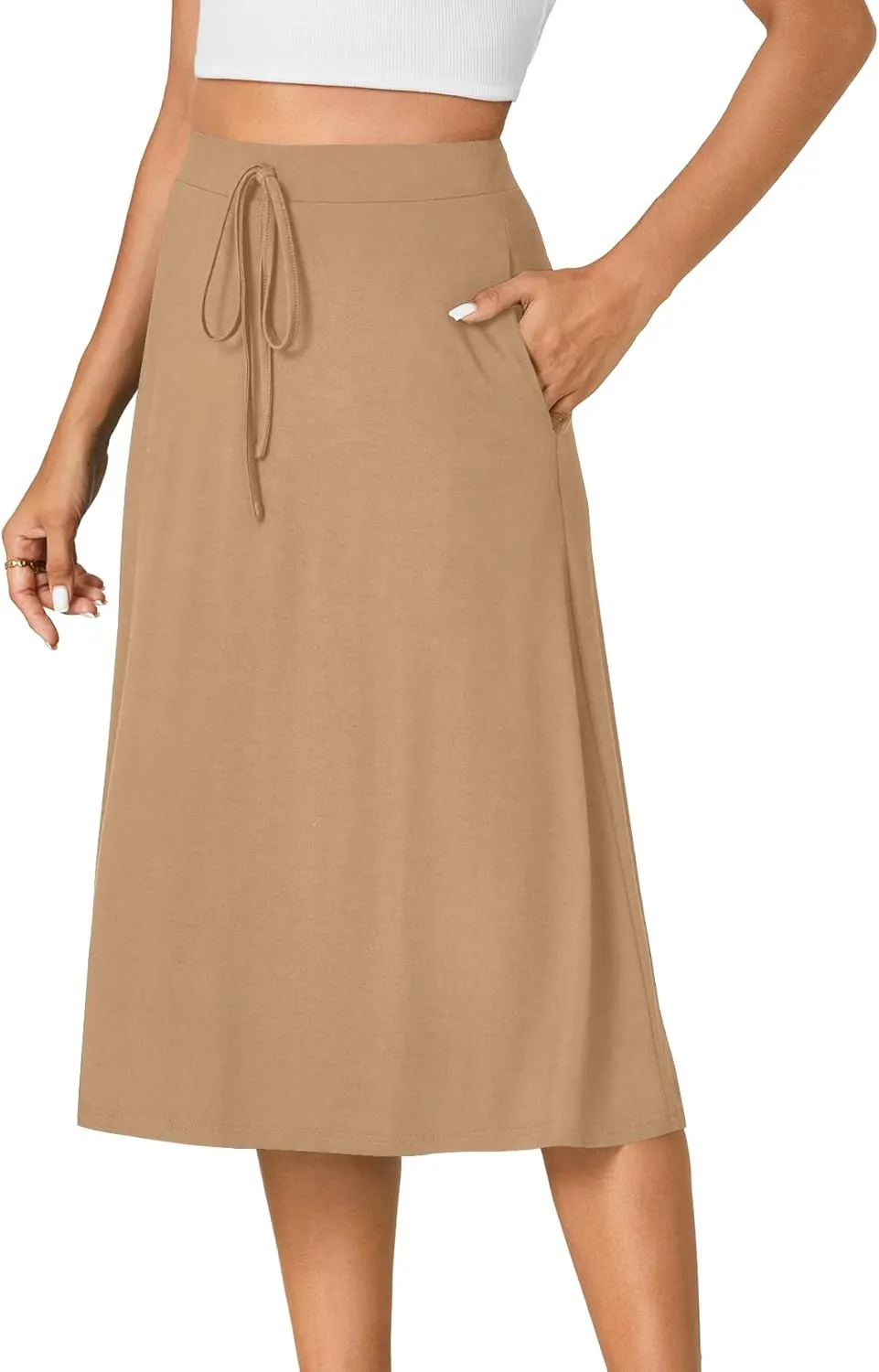 KIFOVEN Women’s Casual High Waist A Line Midi Skirt Flared Drawstring Stretchy Skirt