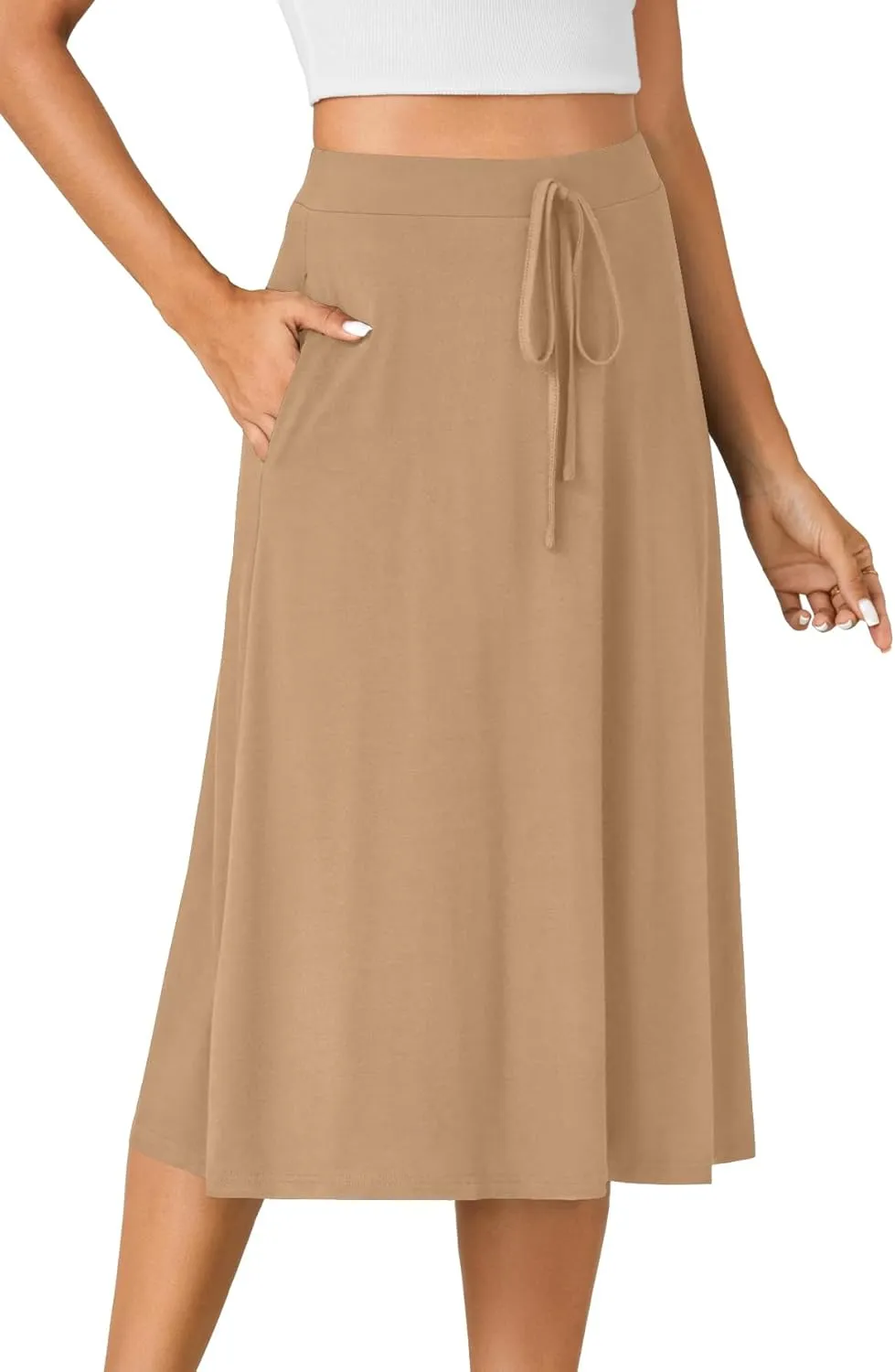 KIFOVEN Women’s Casual High Waist A Line Midi Skirt Flared Drawstring Stretchy Skirt