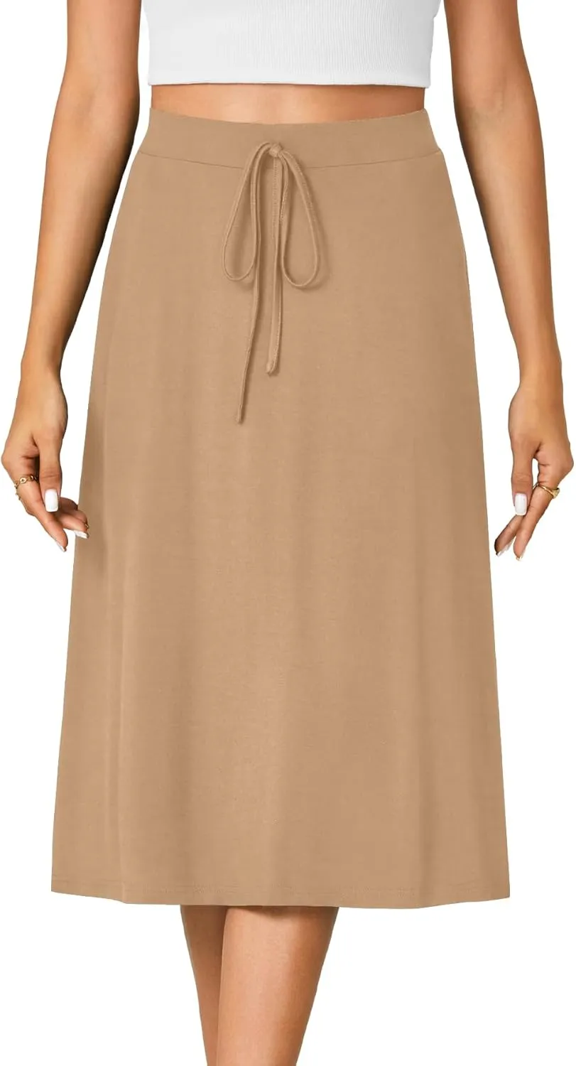 KIFOVEN Women’s Casual High Waist A Line Midi Skirt Flared Drawstring Stretchy Skirt