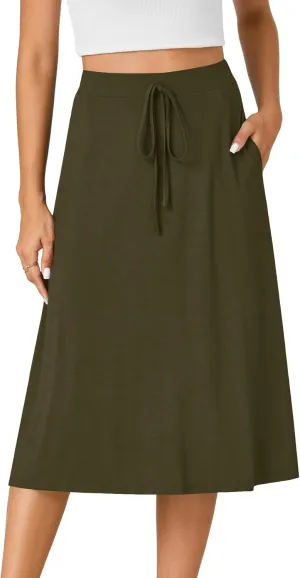 KIFOVEN Women’s Casual High Waist A Line Midi Skirt Flared Drawstring Stretchy Skirt