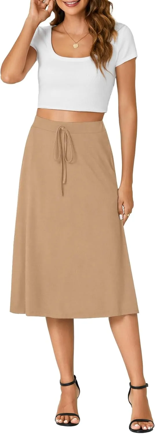 KIFOVEN Women’s Casual High Waist A Line Midi Skirt Flared Drawstring Stretchy Skirt