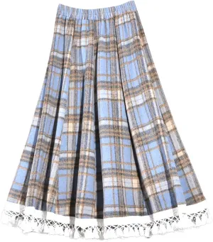 Lace Trim Plaid Skirt for Women Vintage Wool Blend Tiered Elastic Waist A-Line Skirts Ruffle Swing Midi Long Skirts