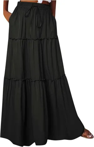 Ladies Maxi Skirts Spring Summer Casual Long Skirt for Women Trendy Tiered Pleated Vacation Skirts Half Dress