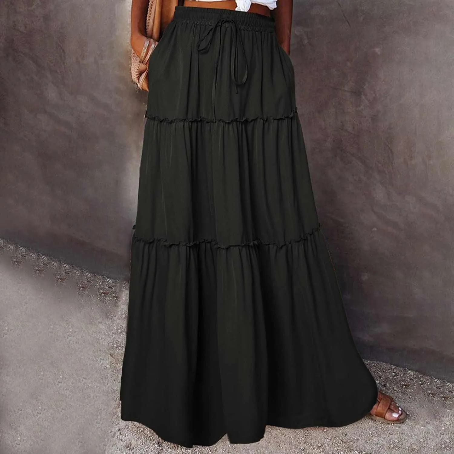 Ladies Maxi Skirts Spring Summer Casual Long Skirt for Women Trendy Tiered Pleated Vacation Skirts Half Dress