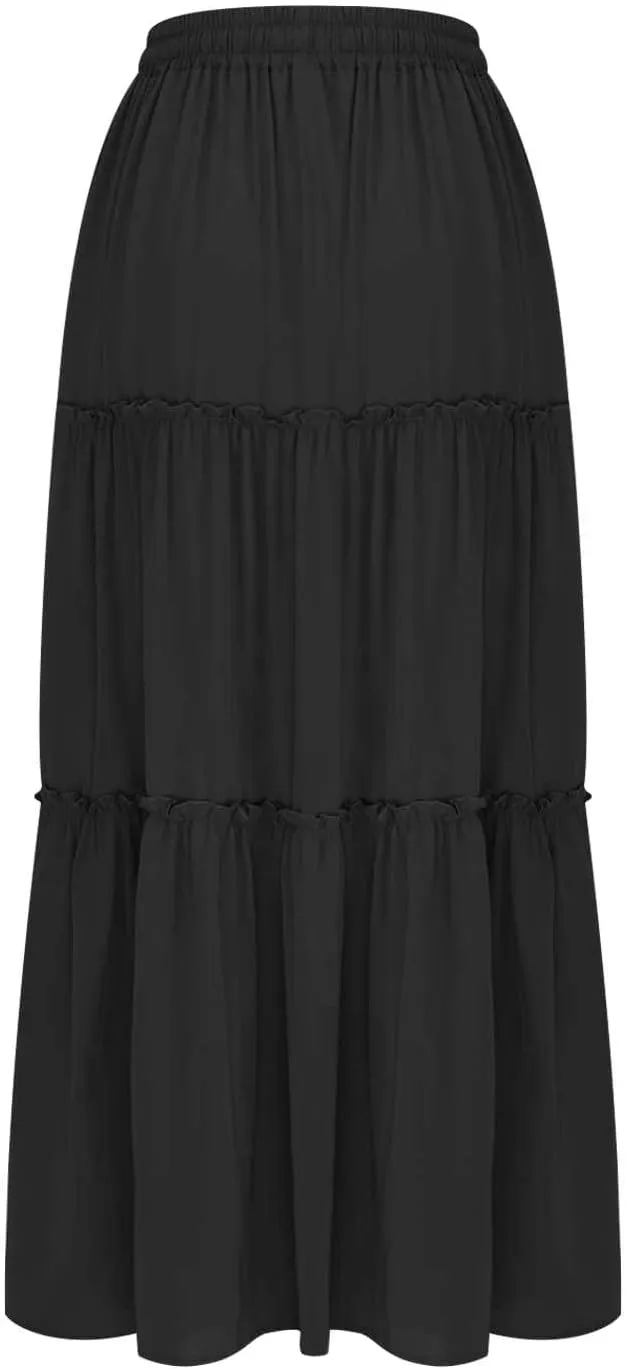 Ladies Maxi Skirts Spring Summer Casual Long Skirt for Women Trendy Tiered Pleated Vacation Skirts Half Dress