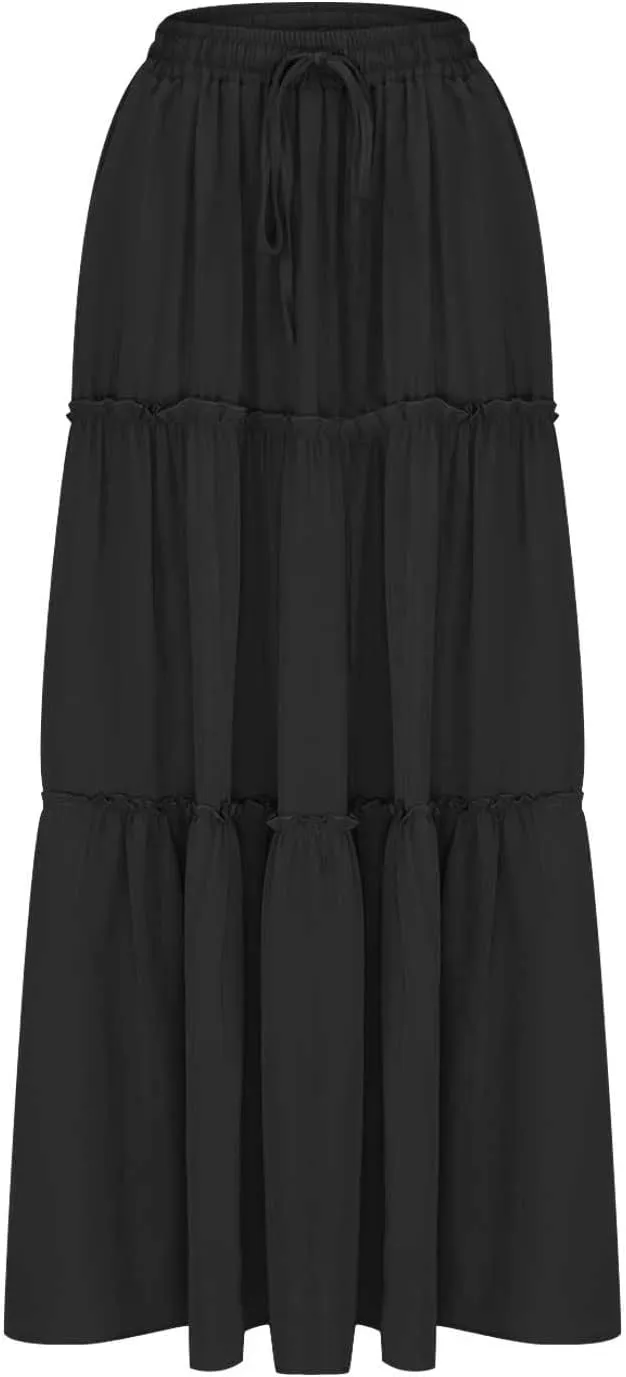 Ladies Maxi Skirts Spring Summer Casual Long Skirt for Women Trendy Tiered Pleated Vacation Skirts Half Dress