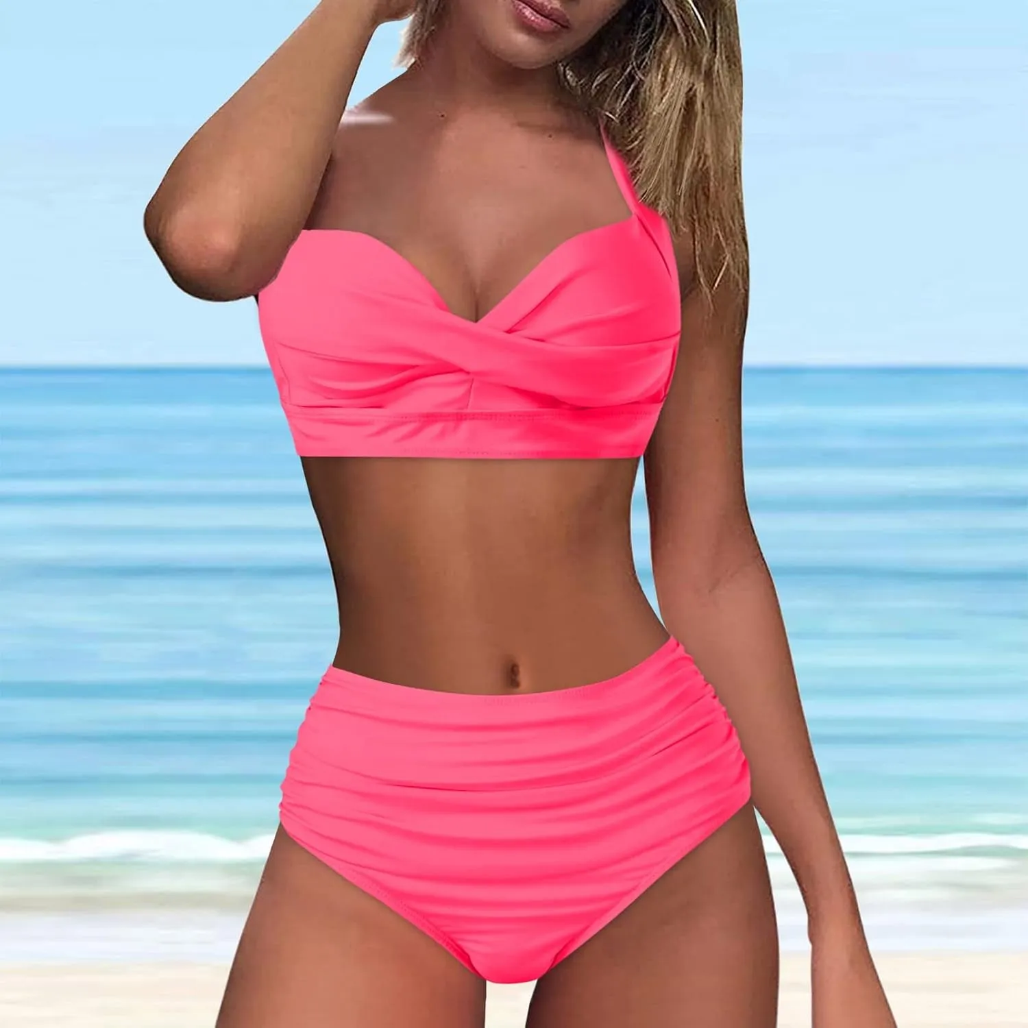 LCMTWX Bikini Sets for Women Swimwear Beach Women Solid Color Swimsuit Backless Swimwear Jumpsuit High Waisted Bathing 2