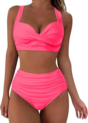 LCMTWX Bikini Sets for Women Swimwear Beach Women Solid Color Swimsuit Backless Swimwear Jumpsuit High Waisted Bathing 2