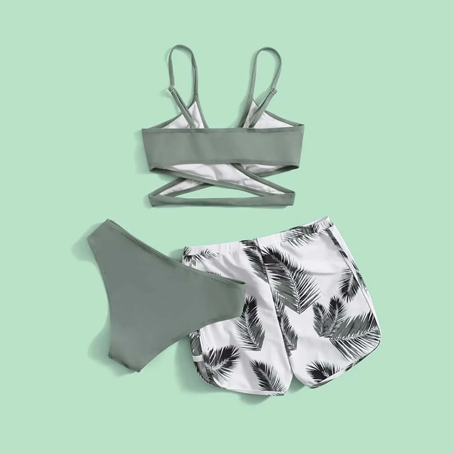 Leaf 3 Piece Bikini Sets with Swimming Shorts Criss Cross Spaghetti Strap Swimsuits High Waist Cut Out Swimwear