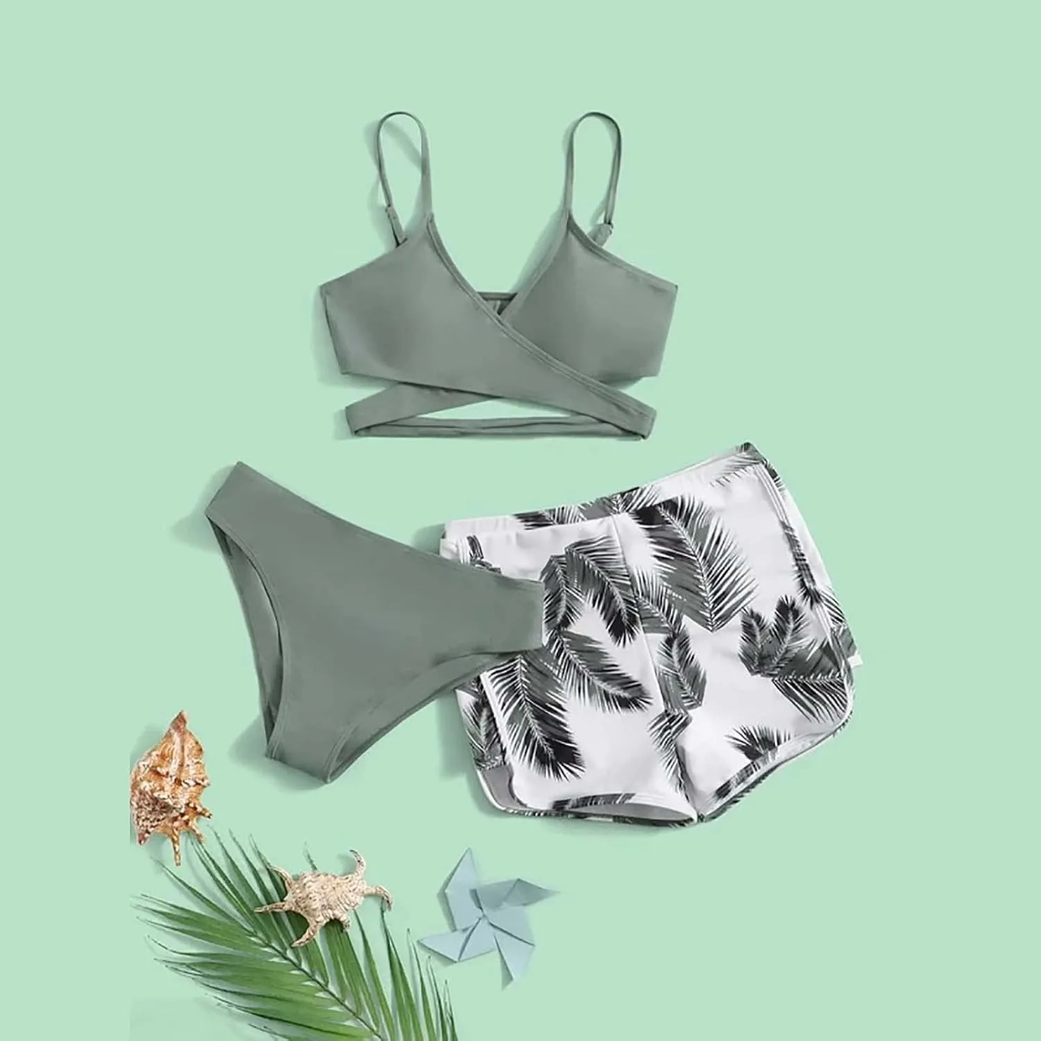 Leaf 3 Piece Bikini Sets with Swimming Shorts Criss Cross Spaghetti Strap Swimsuits High Waist Cut Out Swimwear