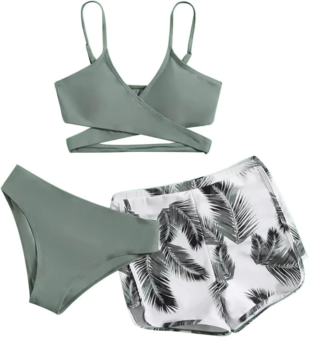 Leaf 3 Piece Bikini Sets with Swimming Shorts Criss Cross Spaghetti Strap Swimsuits High Waist Cut Out Swimwear