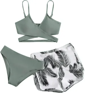 Leaf 3 Piece Bikini Sets with Swimming Shorts Criss Cross Spaghetti Strap Swimsuits High Waist Cut Out Swimwear