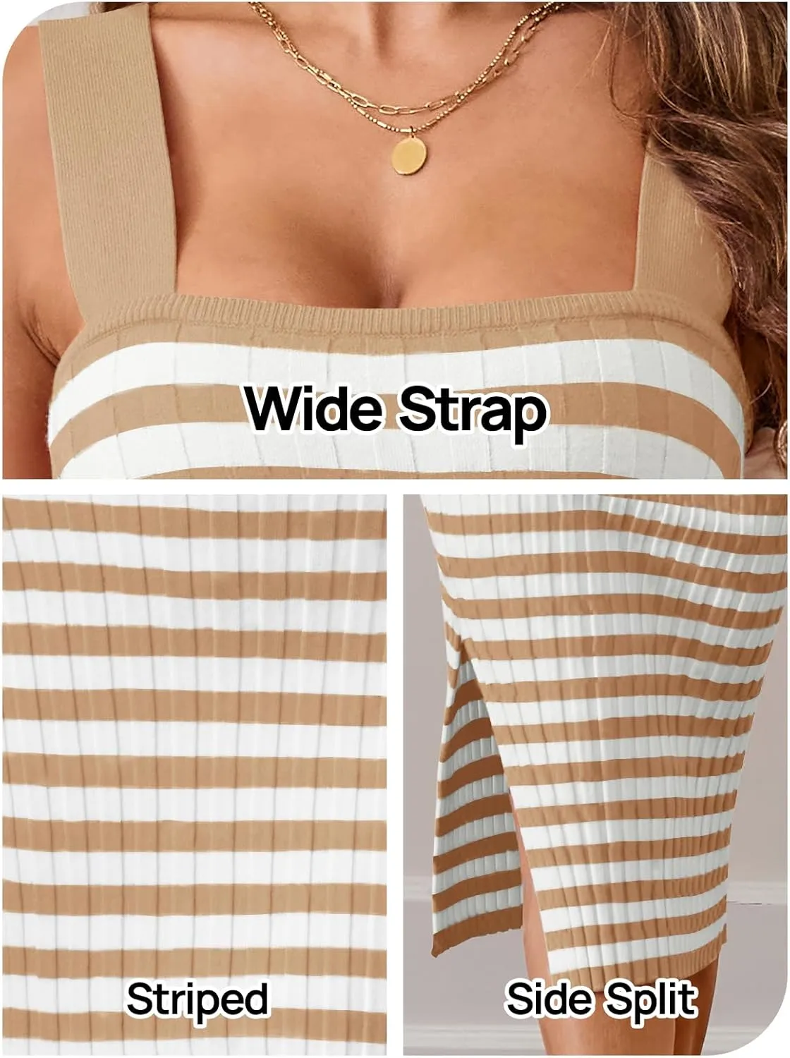 LEANI Women's 2025 Summer Bodycon Midi Dress Striped Square Neck Sundress Side Slit Knit Beach Vacation Dresses