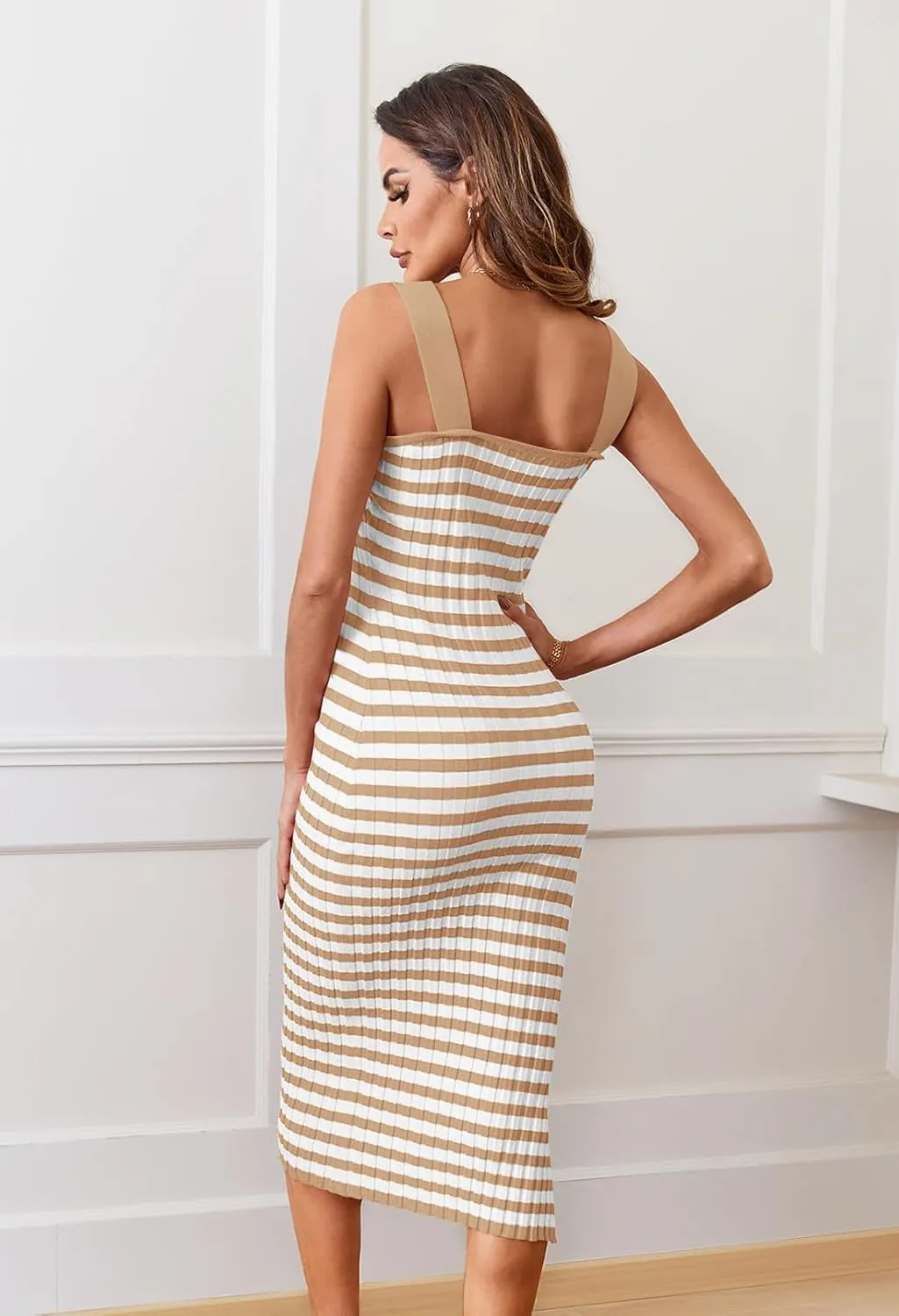 LEANI Women's 2025 Summer Bodycon Midi Dress Striped Square Neck Sundress Side Slit Knit Beach Vacation Dresses