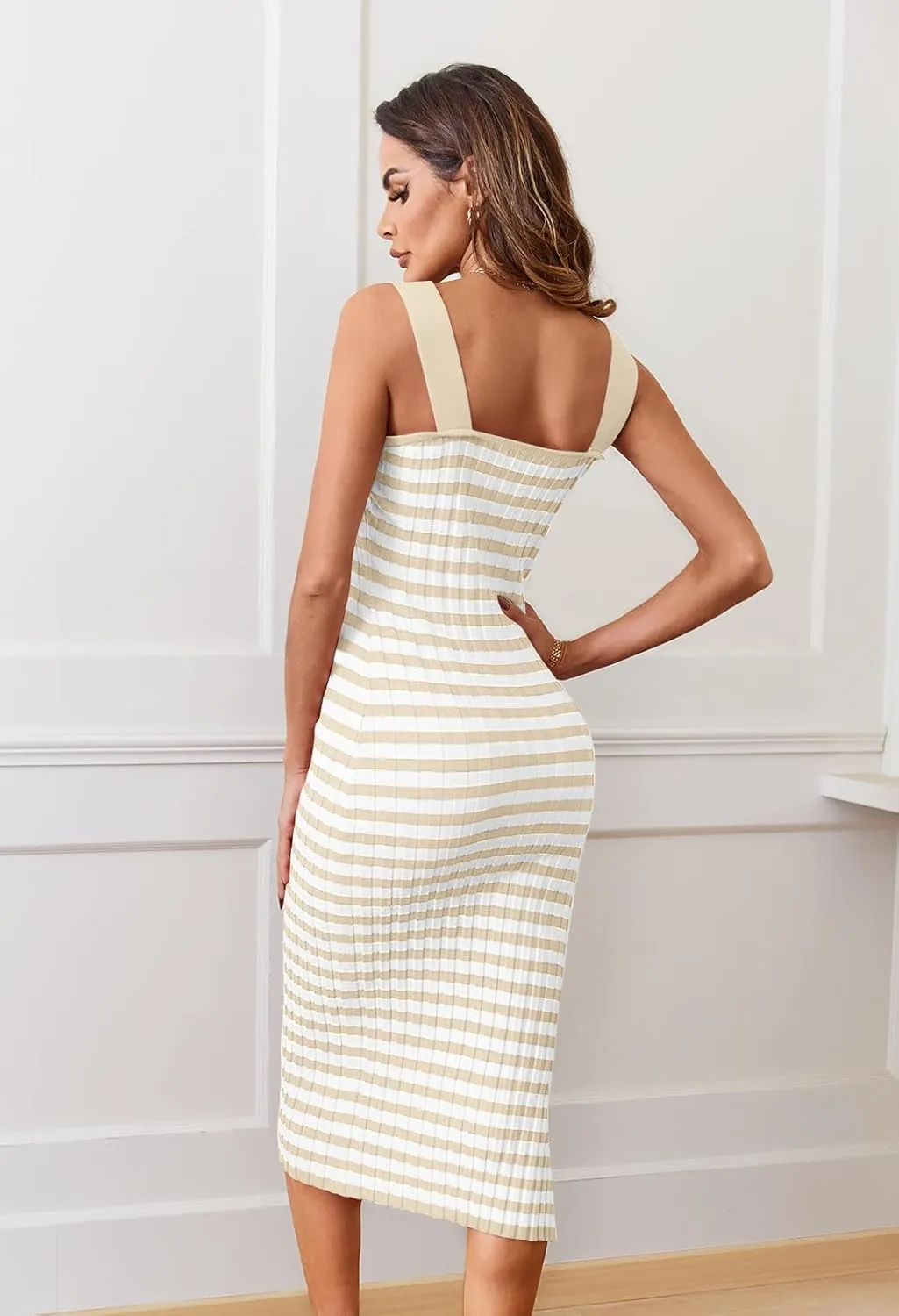 LEANI Women's 2025 Summer Bodycon Midi Dress Striped Square Neck Sundress Side Slit Knit Beach Vacation Dresses