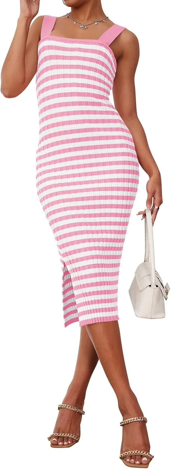 LEANI Women's 2025 Summer Bodycon Midi Dress Striped Square Neck Sundress Side Slit Knit Beach Vacation Dresses