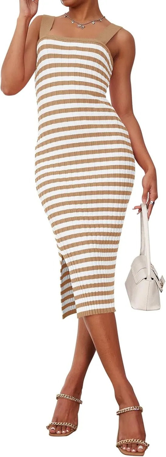 LEANI Women's 2025 Summer Bodycon Midi Dress Striped Square Neck Sundress Side Slit Knit Beach Vacation Dresses