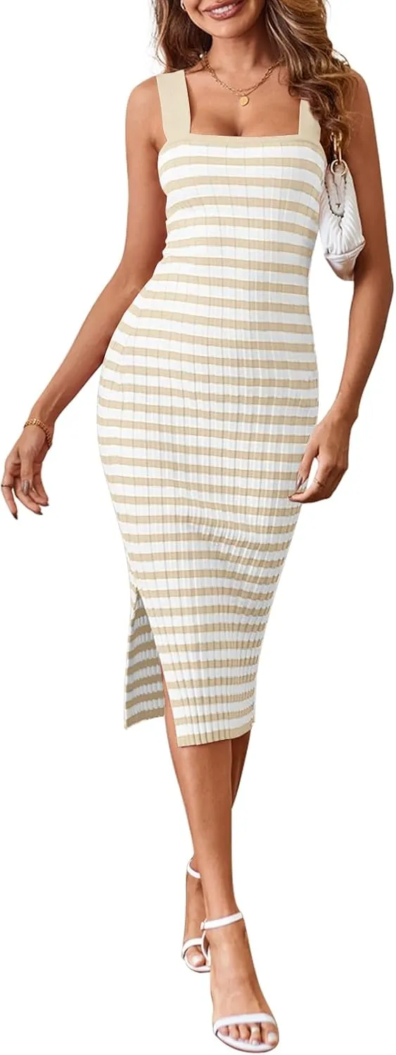 LEANI Women's 2025 Summer Bodycon Midi Dress Striped Square Neck Sundress Side Slit Knit Beach Vacation Dresses