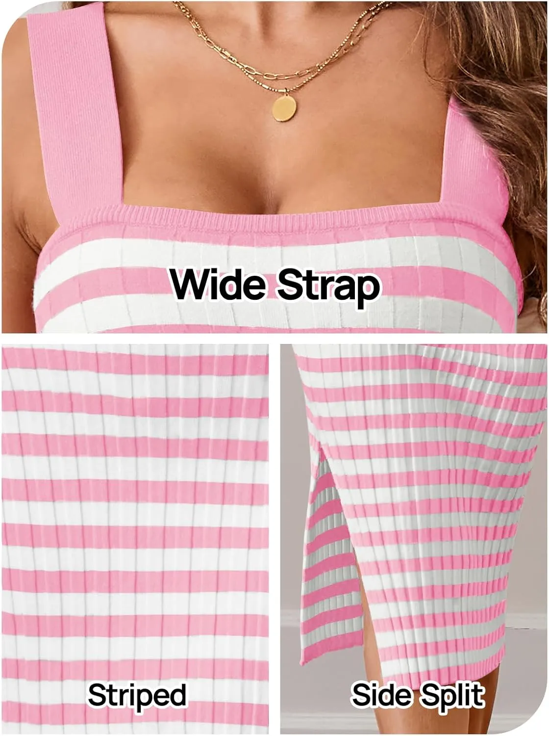 LEANI Women's 2025 Summer Bodycon Midi Dress Striped Square Neck Sundress Side Slit Knit Beach Vacation Dresses