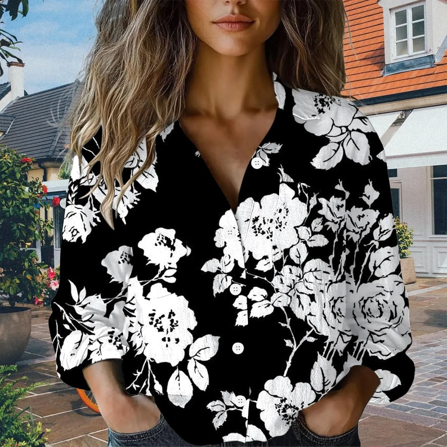 Linen Button Down Shirts for Women Floral Striped Vintage Boho Tops Dressy Casual Fit Long Sleeve Blouse with Pocket