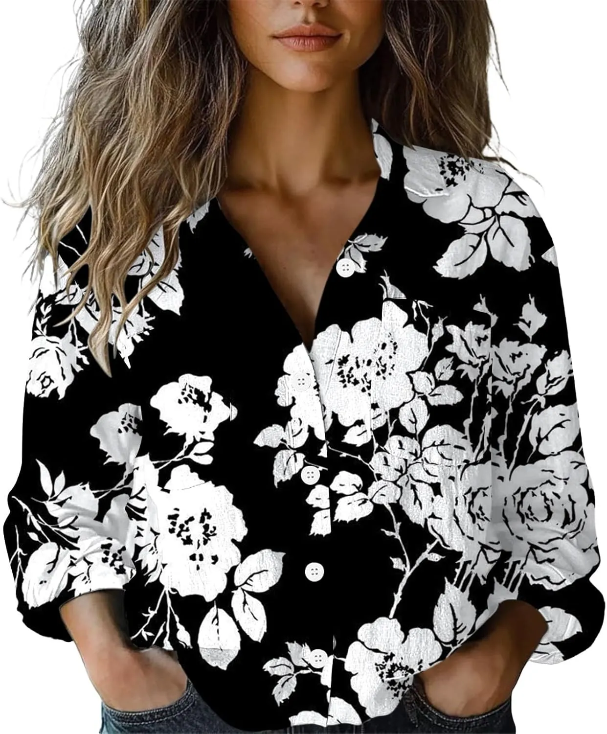 Linen Button Down Shirts for Women Floral Striped Vintage Boho Tops Dressy Casual Fit Long Sleeve Blouse with Pocket