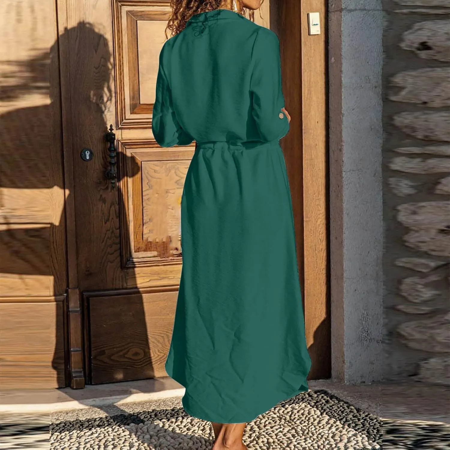 Linen Cotton Dresses for Women 2025 Long Sleeve Tie Waist Maxi Dresses Summer Button Down Tunic Dress Dressy Clothes