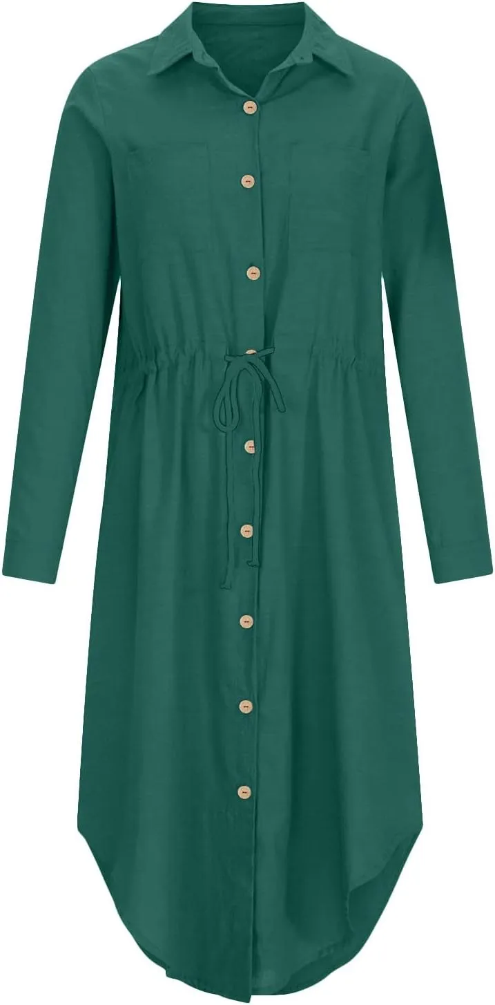 Linen Cotton Dresses for Women 2025 Long Sleeve Tie Waist Maxi Dresses Summer Button Down Tunic Dress Dressy Clothes