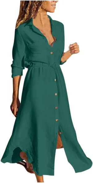 Linen Cotton Dresses for Women 2025 Long Sleeve Tie Waist Maxi Dresses Summer Button Down Tunic Dress Dressy Clothes