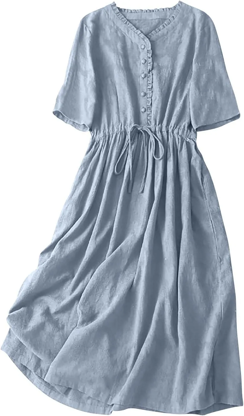 Linen Dresses for Women 2025 Summer Long Maxi Dress Short Sleeve Button Down Tshirt Sundresses Boho Beach Outfits