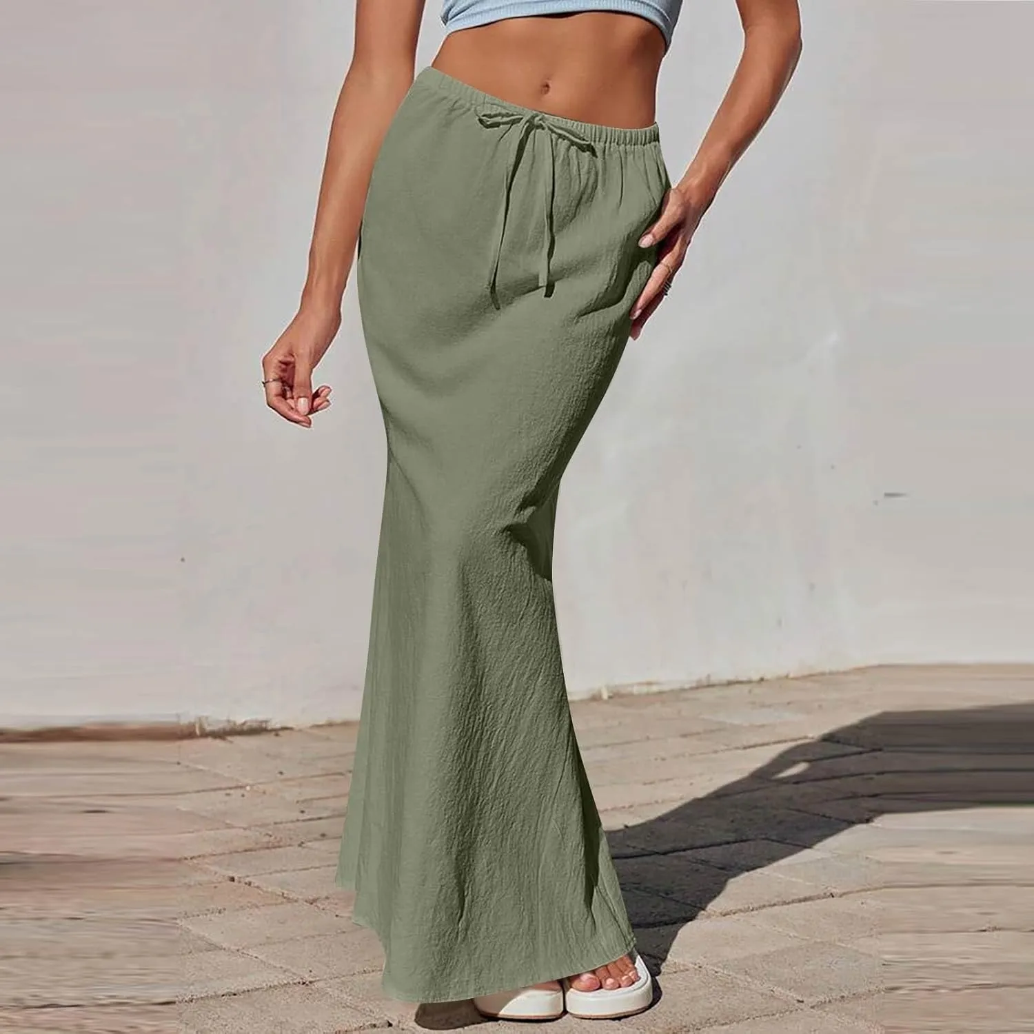 Linen Flared Maxi Skirt with Back Slit Elastic Waist Drawstring Long Flowy Beach Vaction Ankle-Length Skirt