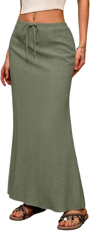 Linen Flared Maxi Skirt with Back Slit Elastic Waist Drawstring Long Flowy Beach Vaction Ankle-Length Skirt