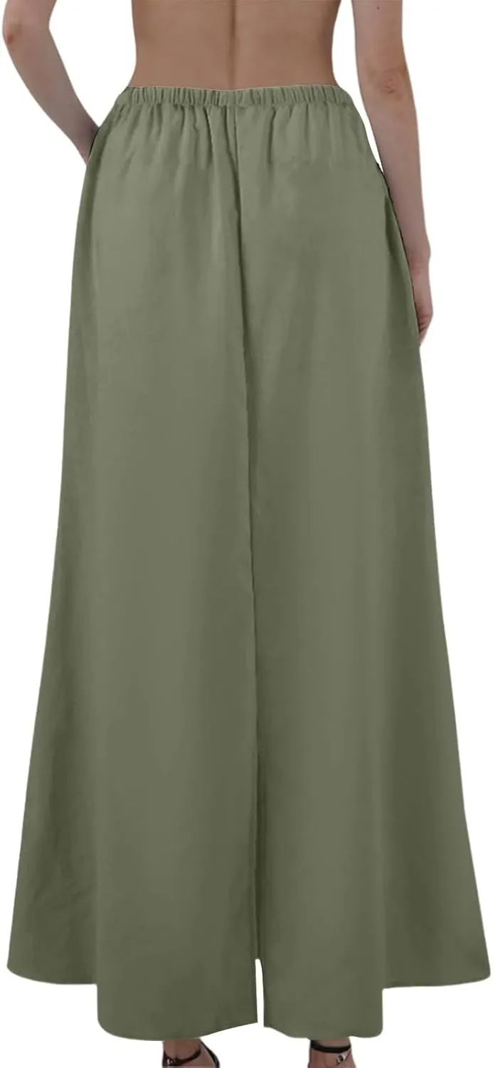 Linen Flared Maxi Skirt with Back Slit Elastic Waist Drawstring Long Flowy Beach Vaction Ankle-Length Skirt