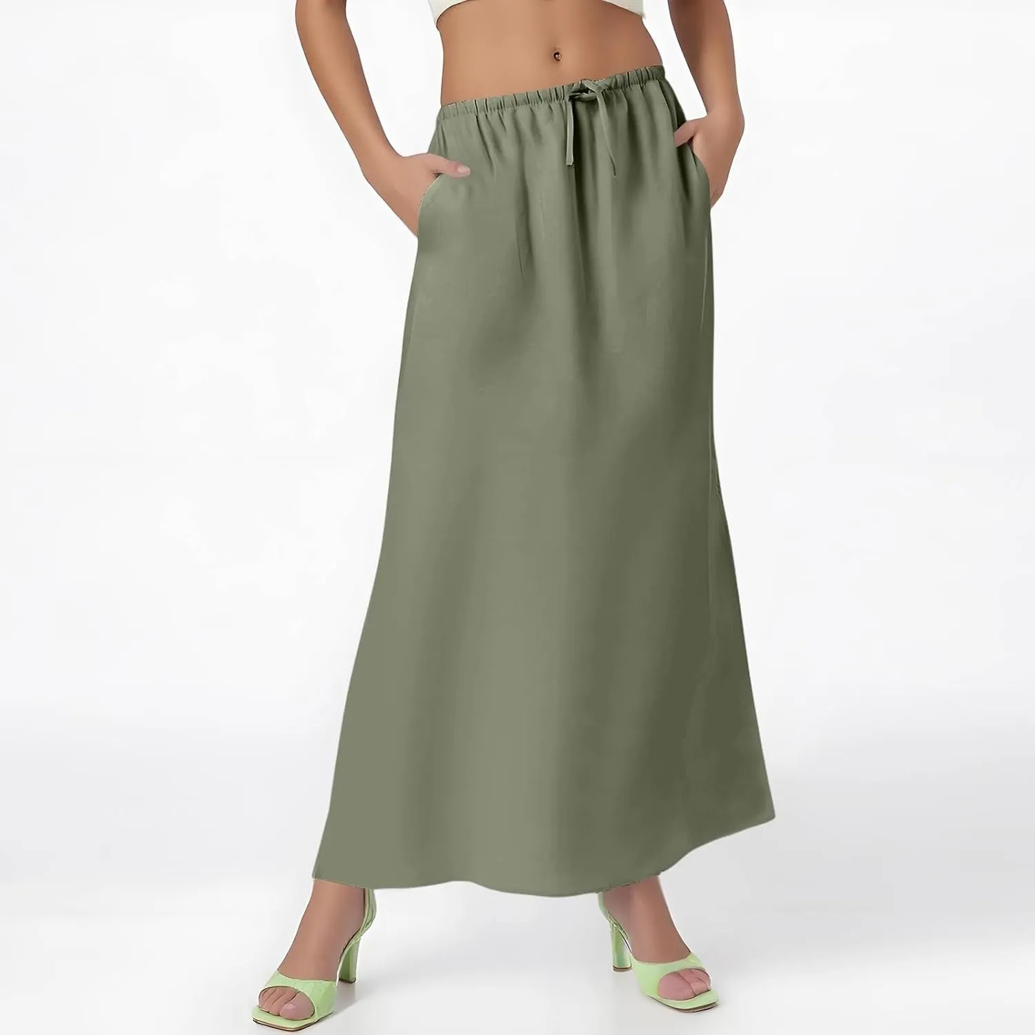 Linen Flared Maxi Skirt with Back Slit Elastic Waist Drawstring Long Flowy Beach Vaction Ankle-Length Skirt