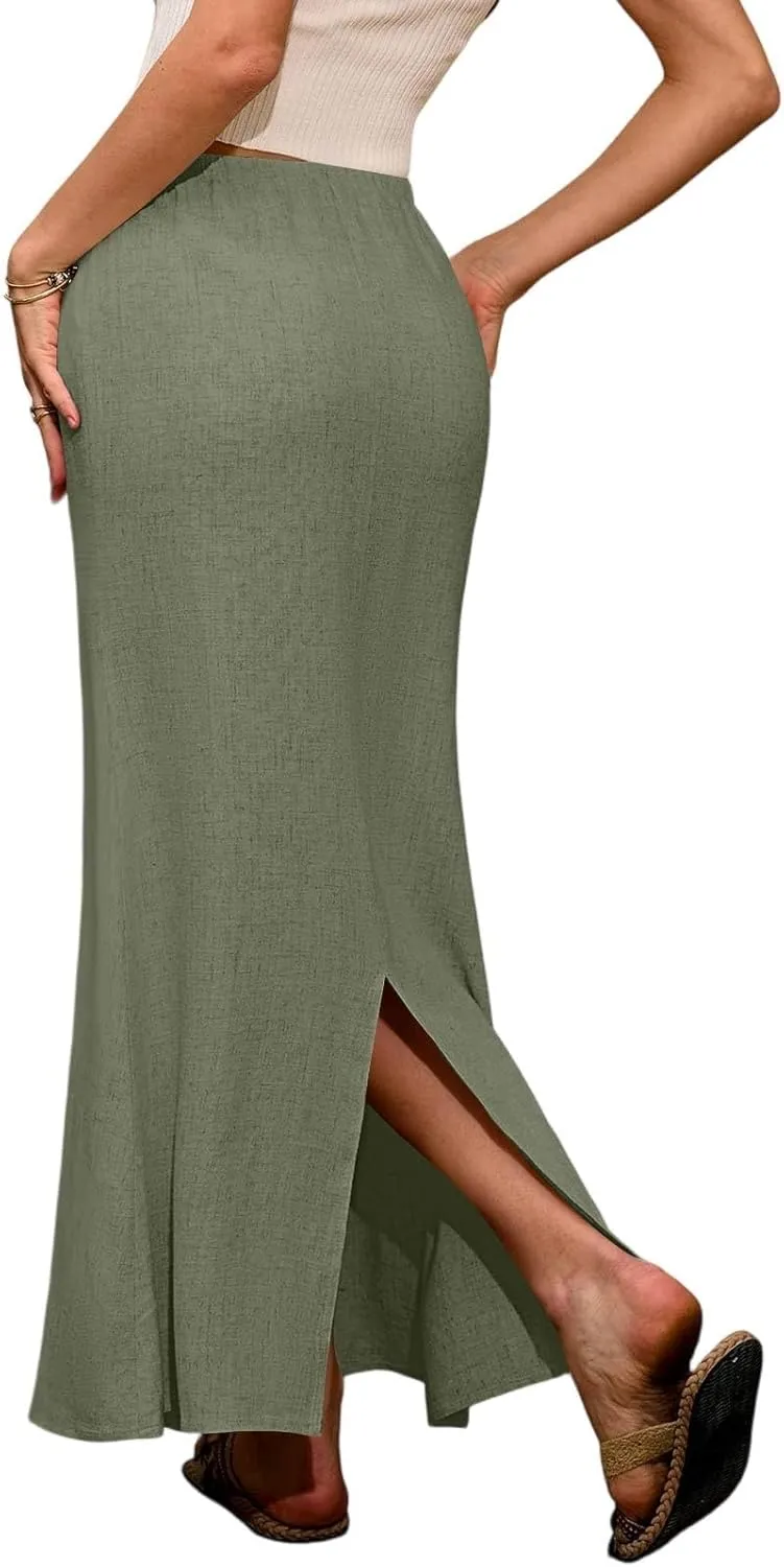 Linen Flared Maxi Skirt with Back Slit Elastic Waist Drawstring Long Flowy Beach Vaction Ankle-Length Skirt